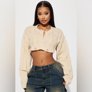 Cream Cropped Knit Sweater